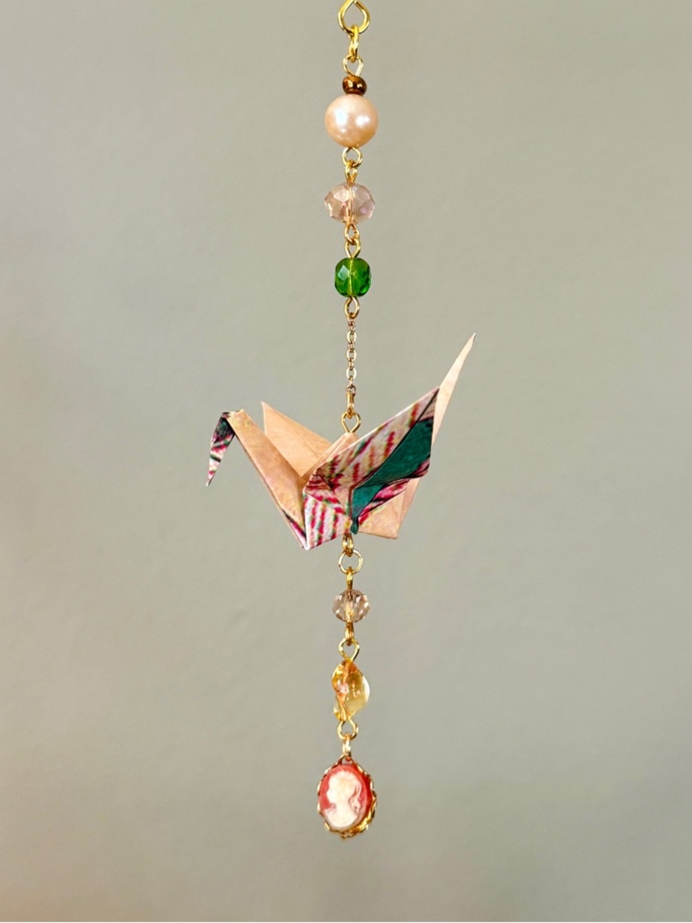 Origami Ornament #2442 - Small Crane with Cameo Charm